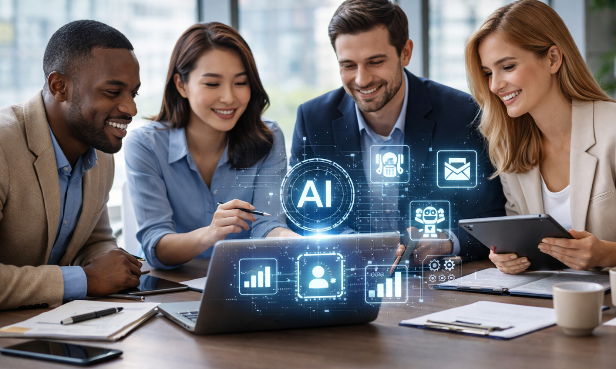Professionals collaborating with AI technology